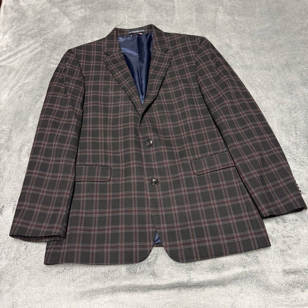 Tommy Hilfiger Blazer Mens 43R Black Red Plaid Two Button Sport Coat Jacket